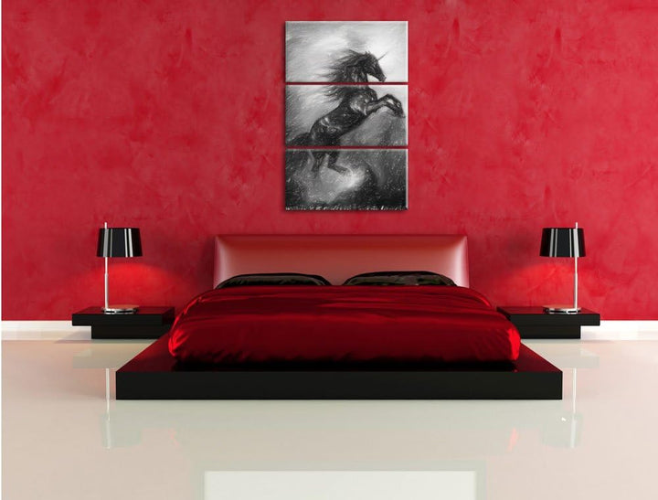 Pixxprint Traumhaftes schwarzes Einhorn Kohle Zeichnung Effekt 3-Teiler Leinwandbild 120x80 Bild auf