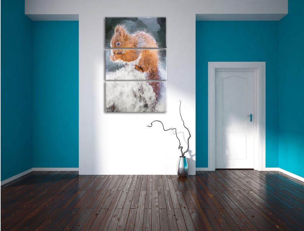Pixxprint Kleines Eichhörnchen im Winter Pinsel Effekt 3-Teiler Leinwandbild 120x80 Bild auf Leinwan