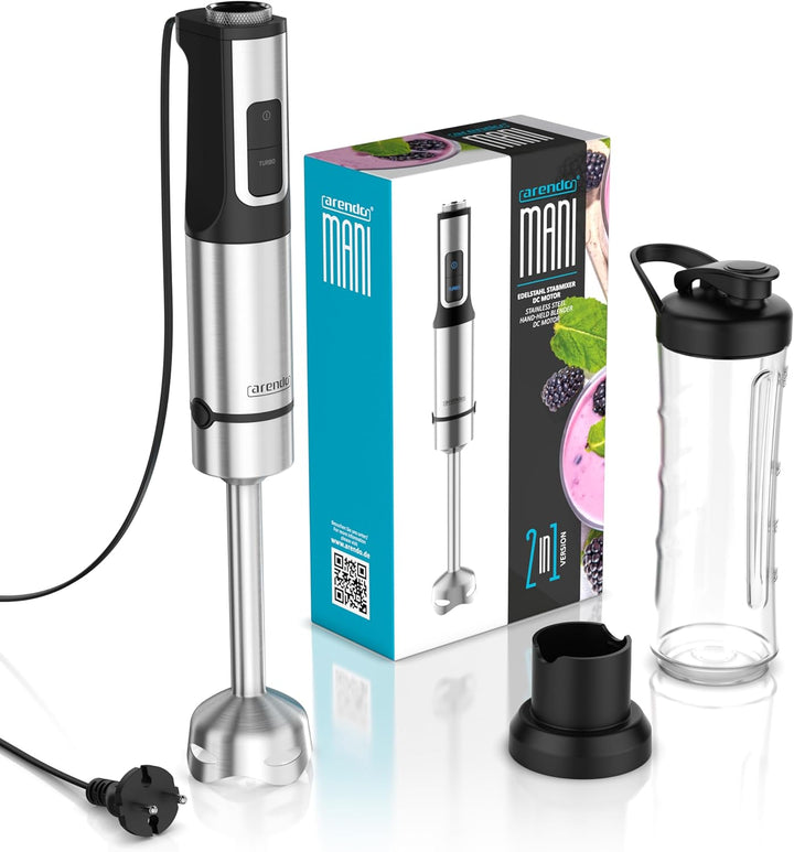 Arendo - mini Standmixer 1500 Watt + Stabmixer Edelstahl - mit Trinkflasche Deckel und Messereinheit