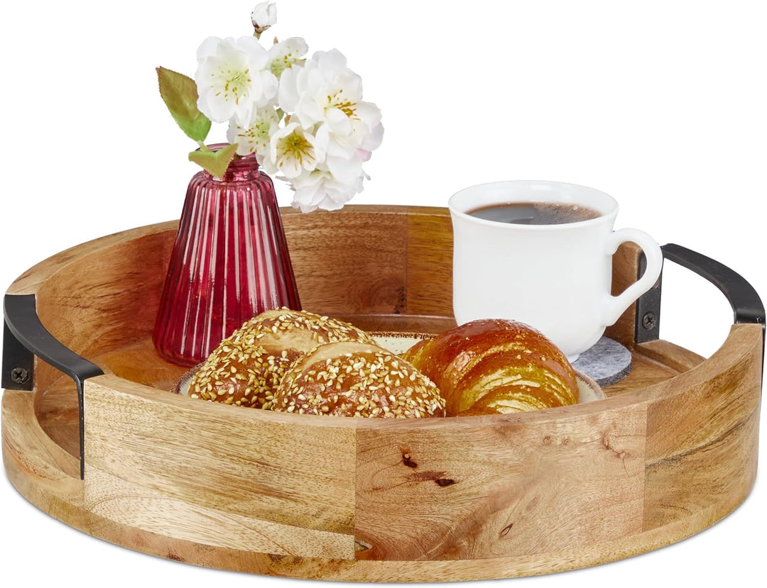 Relaxdays Tablett, rundes Serviertablett, Mangoholz, HxD: 7,5 x 35 cm, Holztablett mit Griffen, Deko