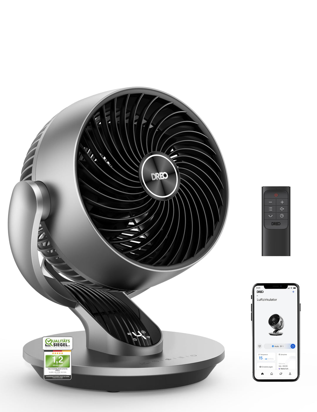 Dreo 28dB Leiser Smart Tischventilator, 18cm Durchmesser 4 Geschwindigstufen 5 Modi 12H Timer 120°+9