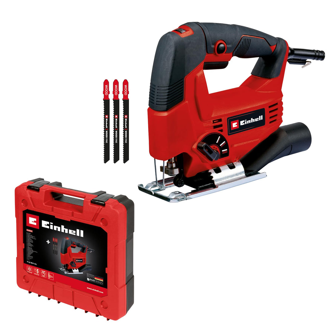 Einhell Stichsäge TC-JS 80/1 Kit (550 W, 20 mm Hubhöhe, Pendelhubfunktion, 80 mm Schnitttiefe in Hol