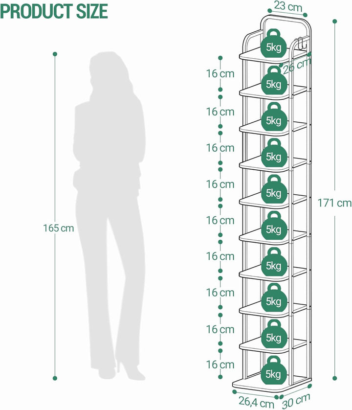 Hzuaneri Vertikales Schuhregal, 10-Stöckige Schuhregale, Schuhturm für Kleine Räume, Freistehend, Ve