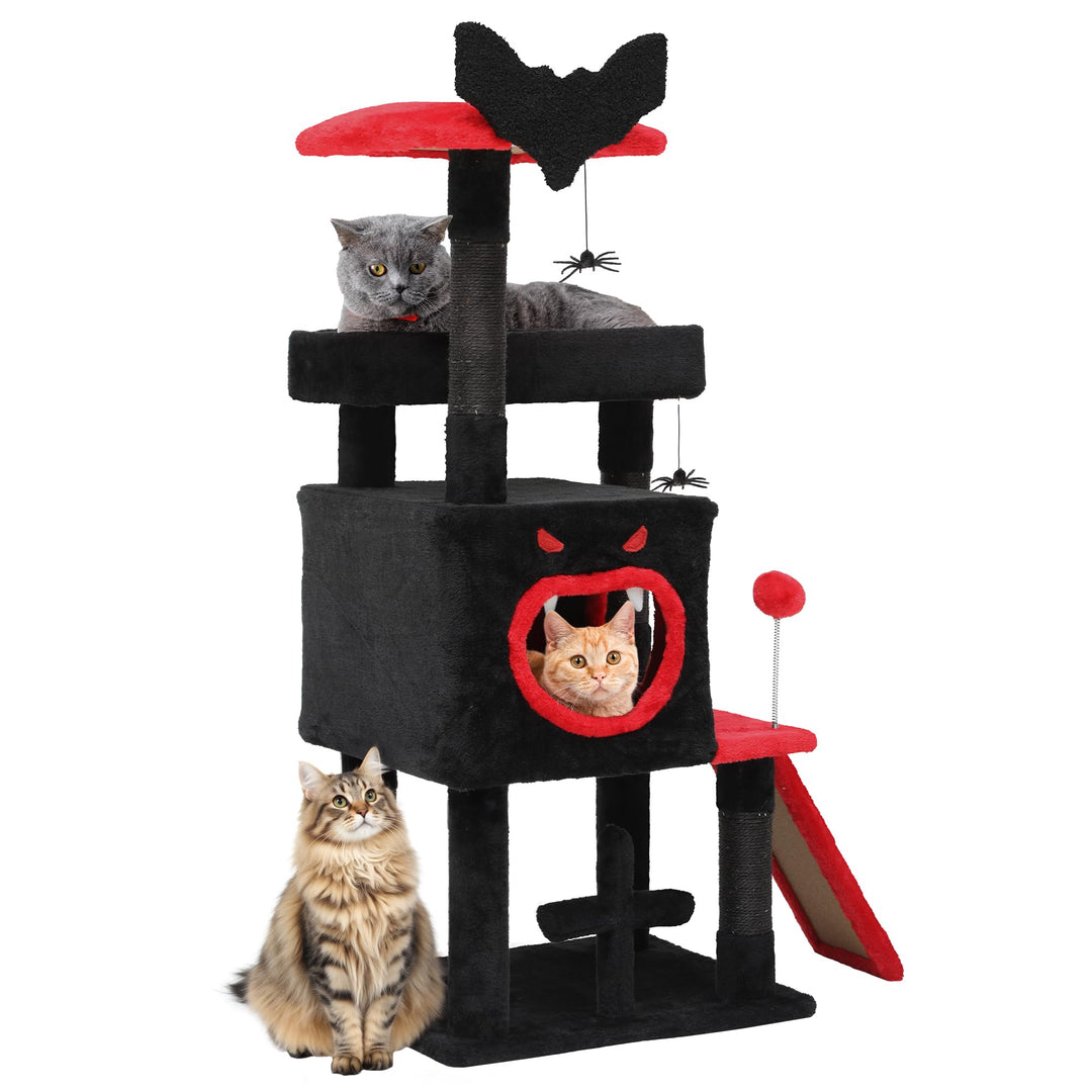 DWVO 111 cm Gothic-Katzenbaum für den Innenbereich mit Sargbett, geräumigem Katzenhaus, hängendem Sp