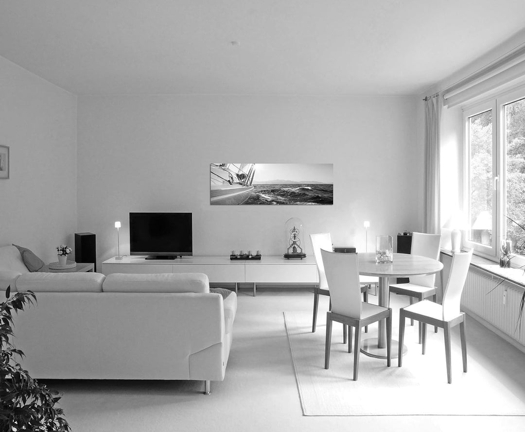 Paul Sinus Art Leinwandfoto als Panorama SCHWARZ/Weiss 150x50cm Meer Segelboot Yacht Sonnenuntergang