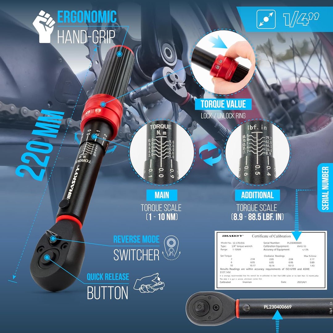 HASKYY Drehmomentschlüssel 1/4" 1-10Nm Fahrrad Motor Industrie Micro Drehmoment Ratsche Knarre Schlü