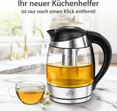 T24 Glas Wasserkocher 1,8 L Temperaturwahl 60-100°C mit Teesieb 2200 Watt, Borosilikatglas Teekocher