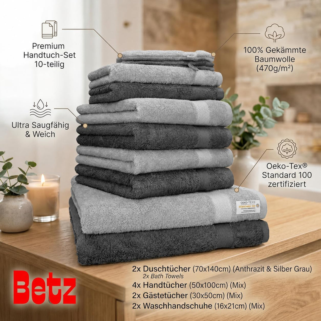 Betz 10er Premium Frottier Handtuch-Set - 2X Duschtücher - 4X Handtücher - 2X Gästetücher - 2X Wasch