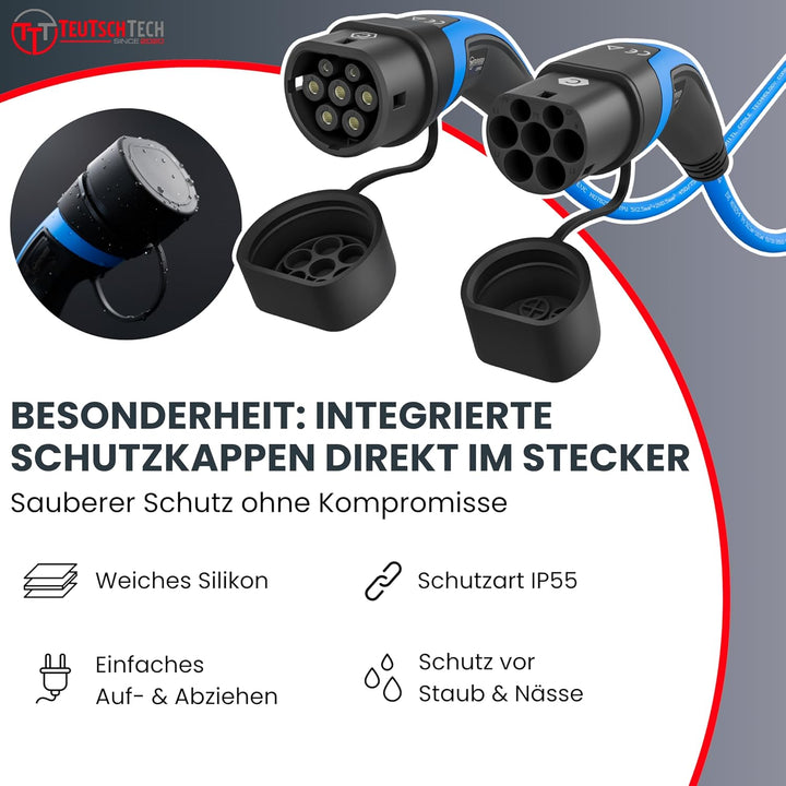 TEUTSCHTECH, EV Ladekabel blau I 7,5M I TYP2 - TYP2 I 11kW I 3X16A I 3-phasig I Mit Lade- Temperatur