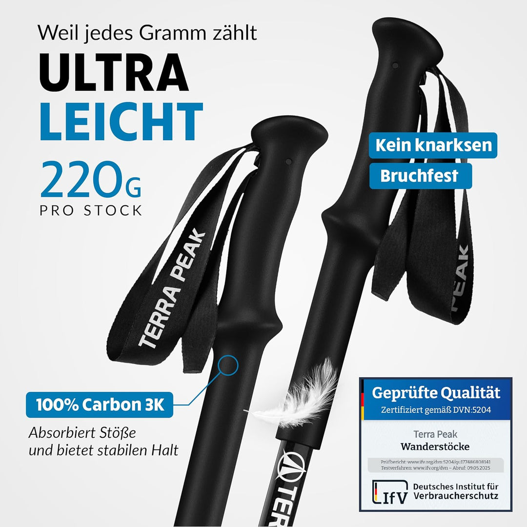 Terra Peak® Premium Wanderstöcke Teleskop ultra-leicht, ausziehbar aus Carbon o. Aluminium INKL. Mik