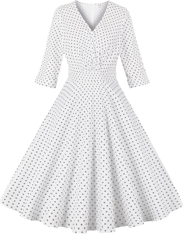 AXOE Damen 60er Jahre Kleid 3/4 Ärmel Cocktailkleid Abendkleid Weiss Polka Dot S, Weiss Polka Dot S