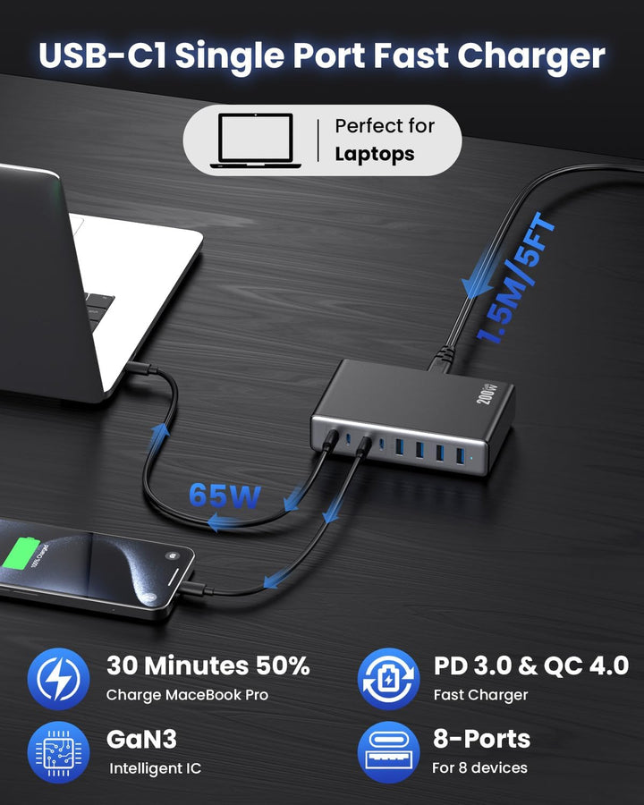 200W USB C Ladegerät Mehrfach, 8-in-1 GaN III USB C Netzteil Schnellladegerät mit QC4.0 USB-A, PPS P