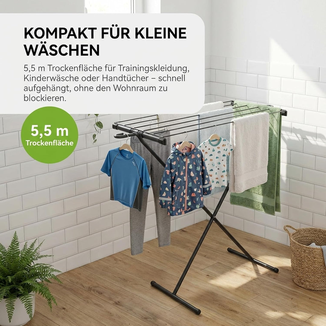 Gardissimo kompakter Wäscheständer Space schwarz, 5,5 m Trockenfläche, mit Haken für Kleiderbügel un