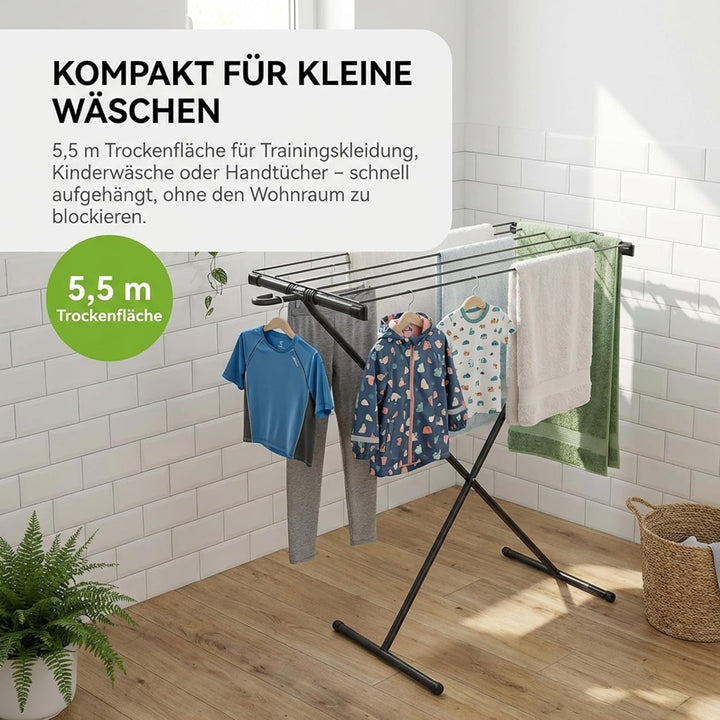 Gardissimo kompakter Wäscheständer Space schwarz, 5,5 m Trockenfläche, mit Haken für Kleiderbügel un