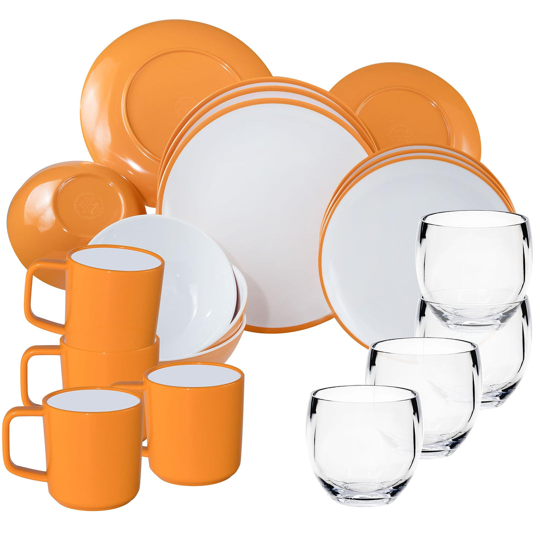 Melamin Geschirr und Acryl Glas Set für 4 Personen - 20 Teile - Campinggeschirr - gelb weiss - mit T