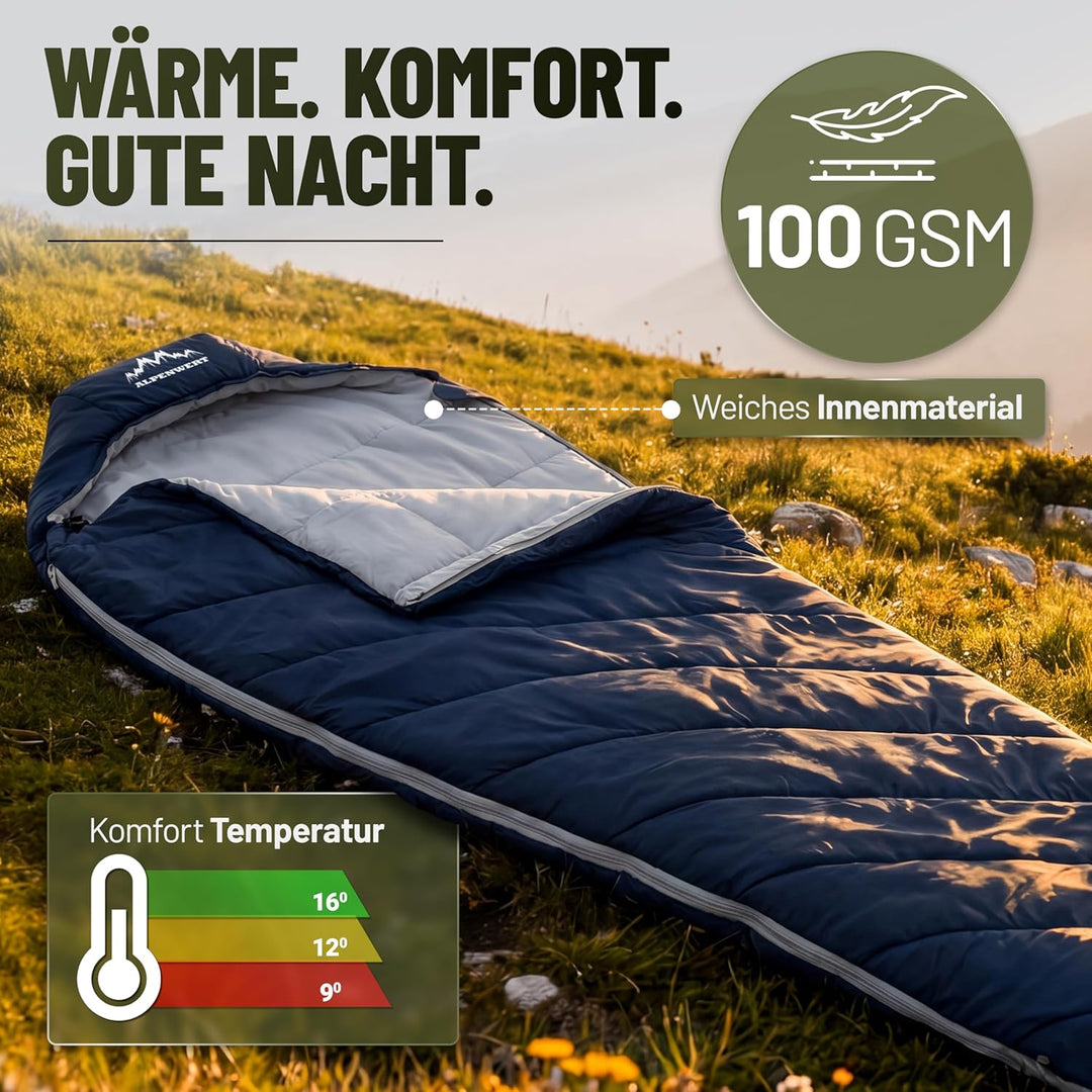 ALPENWERT® Schlafsack Sommer Ultraleicht & klein [15x27cm Packmass] – Wasserabweisend, YKK Reissvers
