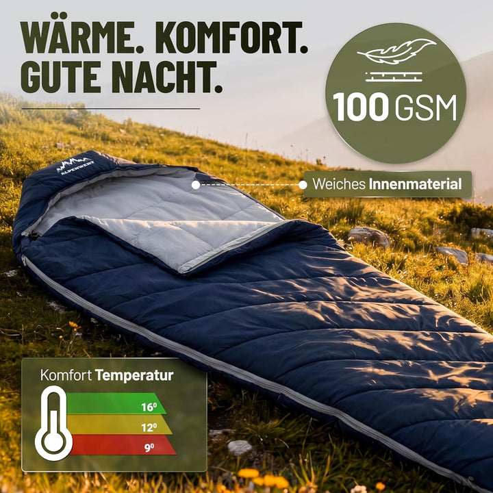 ALPENWERT® Schlafsack Sommer Ultraleicht & klein [15x27cm Packmass] – Wasserabweisend, YKK Reissvers