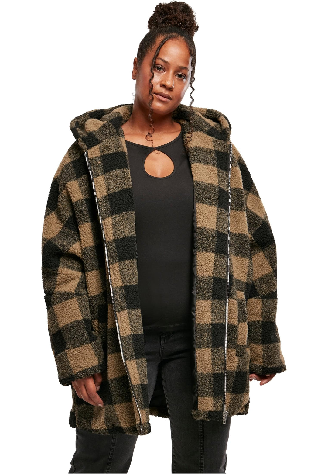 Urban Classics Damen Winter Jacke Ladies Oversized Check Sherpa Jacket mit Kapuze, Holzfäller Karo M
