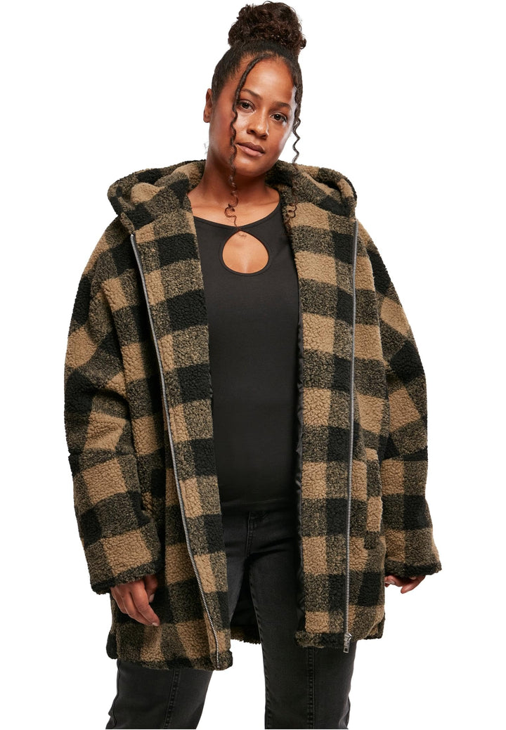 Urban Classics Damen Winter Jacke Ladies Oversized Check Sherpa Jacket mit Kapuze, Holzfäller Karo M