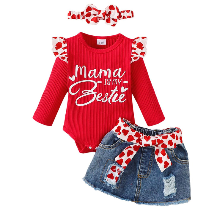 Vestiti Set per Neonata Manica Corta/Lunga Stampa a Lettere Tutina a Coste +Gonna in Denim Abbigliam