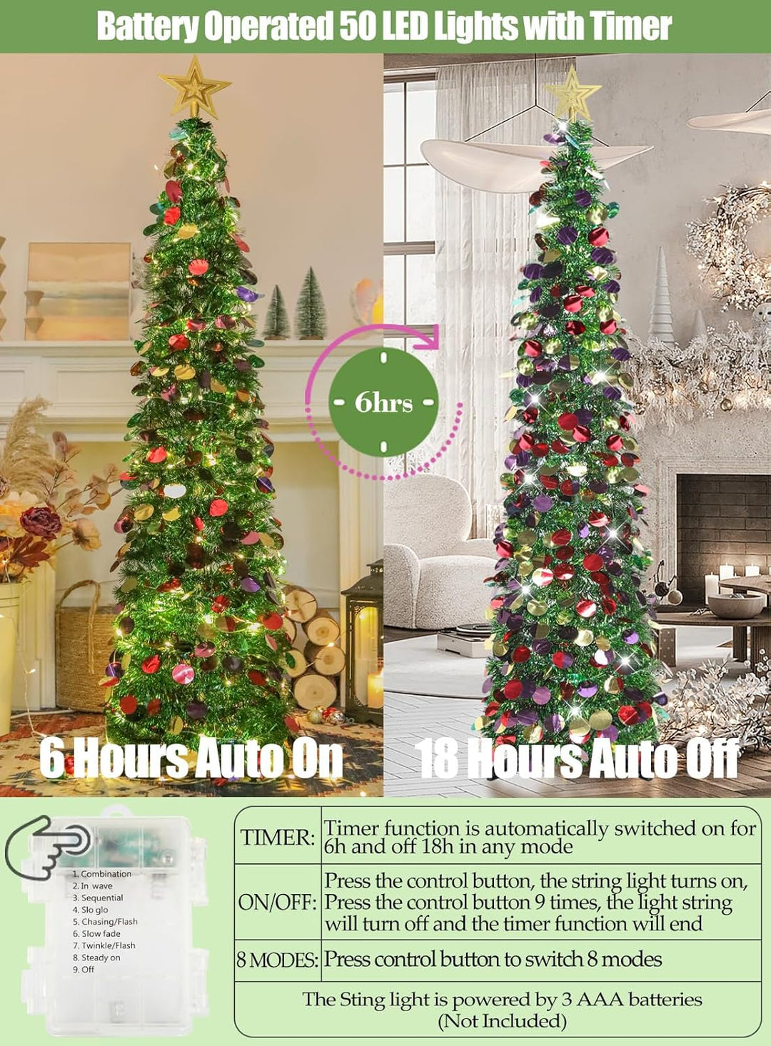 HMASYO 150 cm Pop-Up Lametta Weihnachtsbaum mit 50 Timer-Lichtern, Buntes Grün Zusammenklappbarer Kü