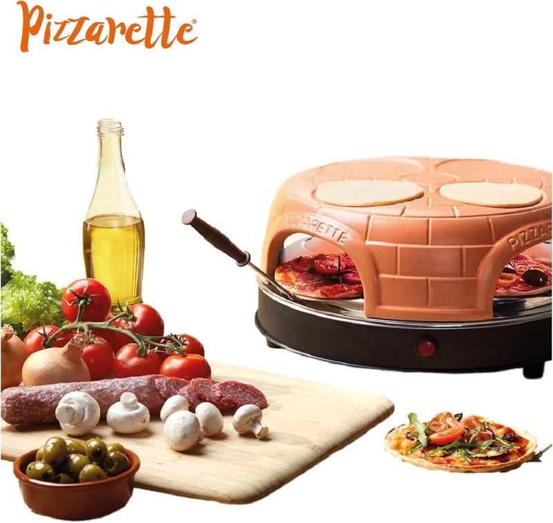 Emerio Pizzaofen, PIZZARETTE das Original, handgemachte Terracotta Tonhaube, neues PRE-BAKE Design,