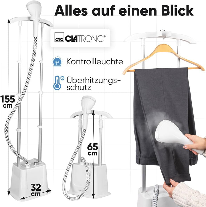 Clatronic® Stand-Dampfglätter | schnell einsatzbereit | Abnehmbarer 1,2 Liter Wassertank | bis zu 60
