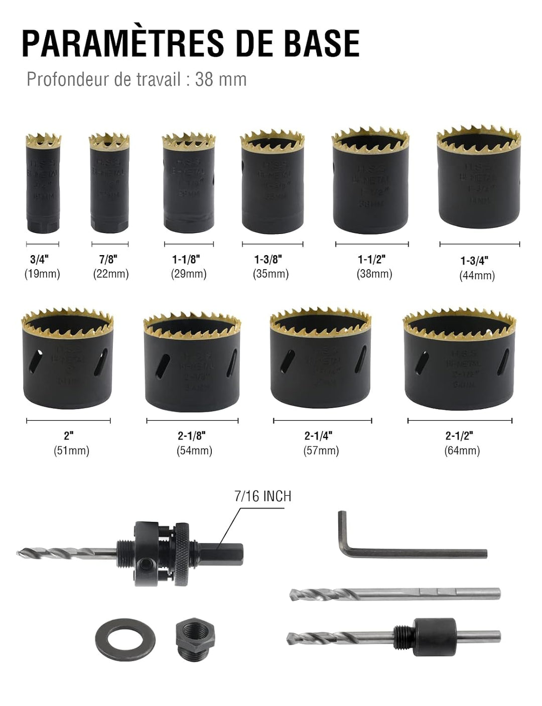 BINOTA Bi-Metall M42-Lochsäge Satz 19-64 mm, für Metall, Holz, Sperrholz, PVC, Faserplatten, Gipspla