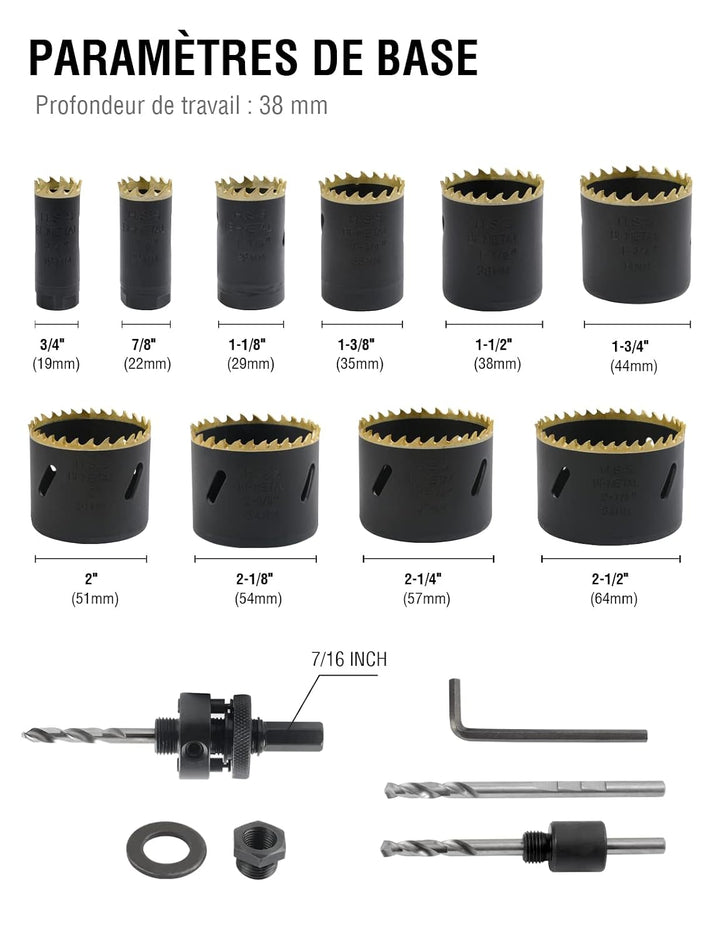 BINOTA Bi-Metall M42-Lochsäge Satz 19-64 mm, für Metall, Holz, Sperrholz, PVC, Faserplatten, Gipspla