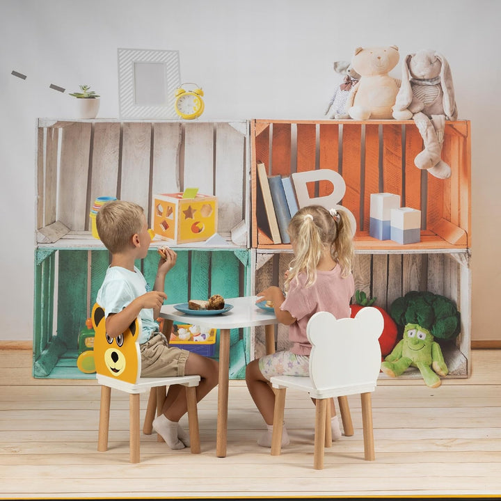 Kindertisch + 2 Bären‑Stühle Set 70×50×47cm – Tisch &amp; Stuhl Set für Kinder aus MDF &amp; Holz – naturbel