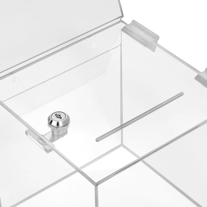 Losbox aus Acrylglas in 200x200x200mm mit Schloss und Topschild DIN Lang Quer - Zeigis® / Spendenbox