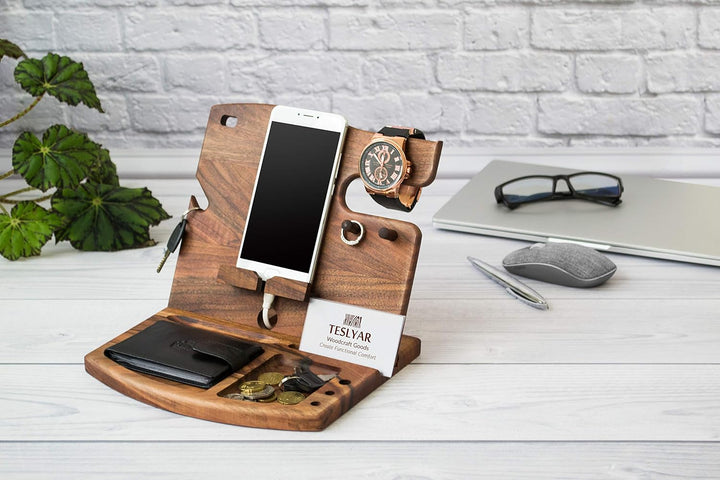 TESLYAR Holz Telefon Dockingstation Nussbaum Geldbörsenständer Schlüsselhalter & Uhren Organisator H