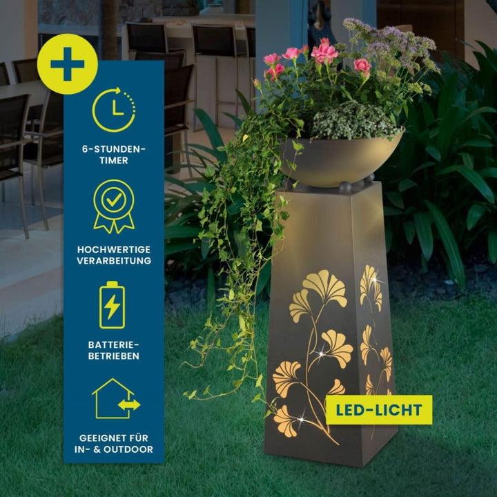 Hoberg LED Pflanzsäule Gingkoblätter-Design in Beton-Optik | Abnehmbare Pflanzschale (Ø 34cm) In- un