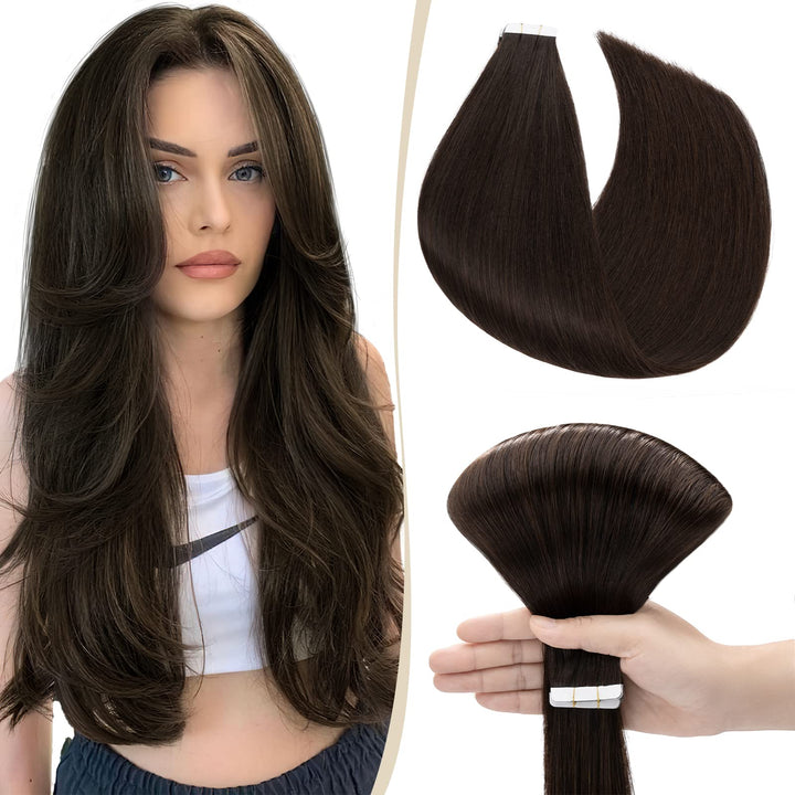 SEGO Tape Extensions Echthaar Haarverlängerung Klebeband Haarteile Glatt 100% Remy Haar 10pcs Dunkel