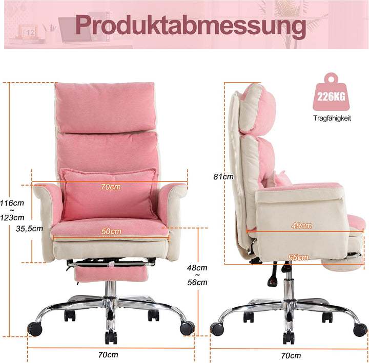 UEV Bürostuhl Ergonomisch mit Fussstütze bis 226kg,Drehstuhl,Rosa | klappbare Armlehnen,Dicker Sitzp