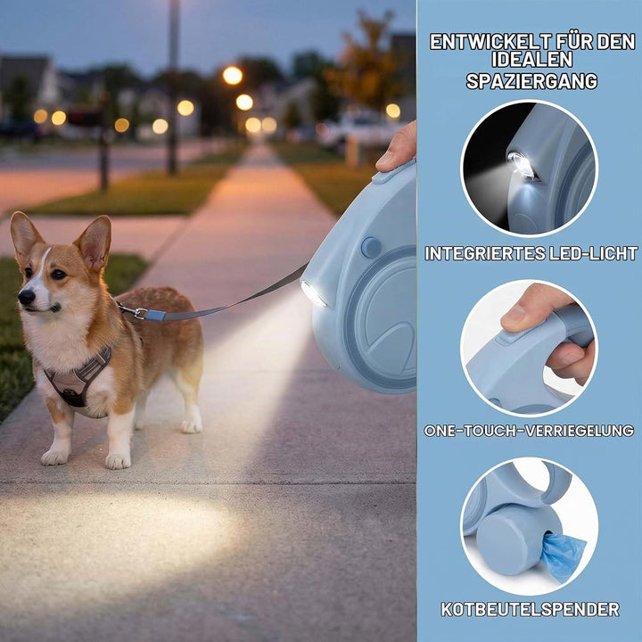 Hundeleine mit LED 5m, Rollleine für Hunde bis 10-25kg, Hundeleine Ausziehbar mit rutschfest Griff,