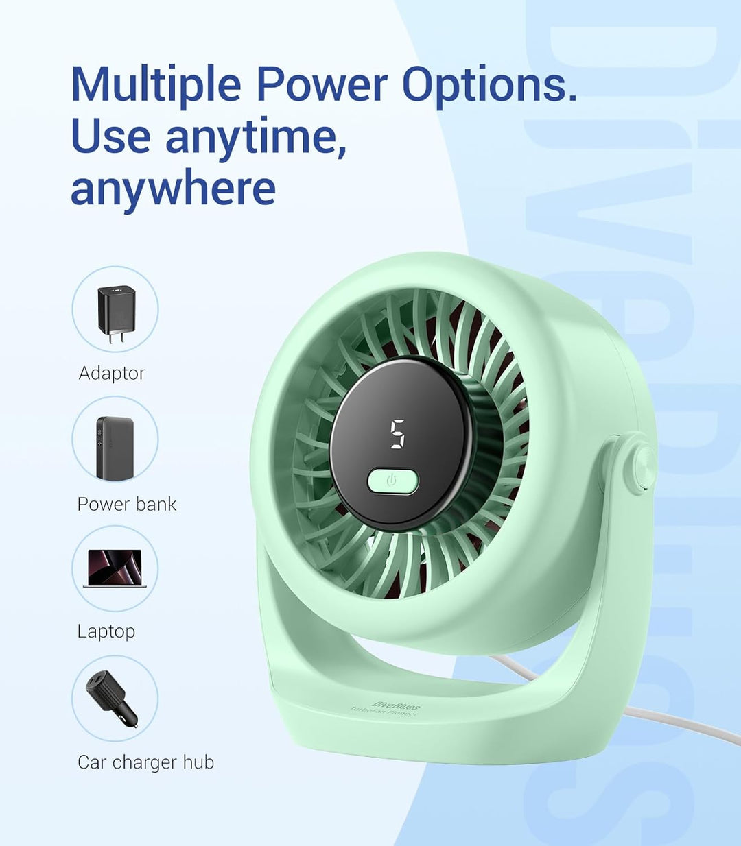 Diveblues USB Turbo Tischventilator, Ultra-Leiser Mini Ventilator, Leistungsstarker Wind, LED-Displa