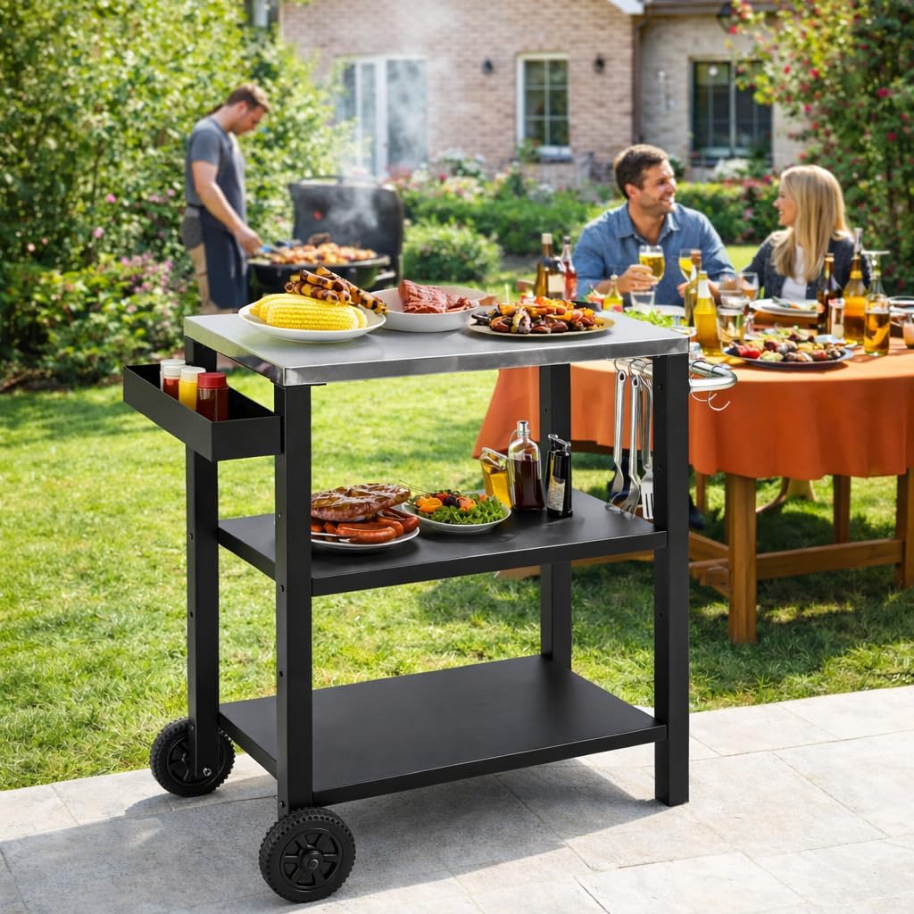 Grilltisch, Grillwagen, Grilltisch Outdoor, Küchenwagen mit Zwei höhenverstellbaren Ablagen mit Gewü