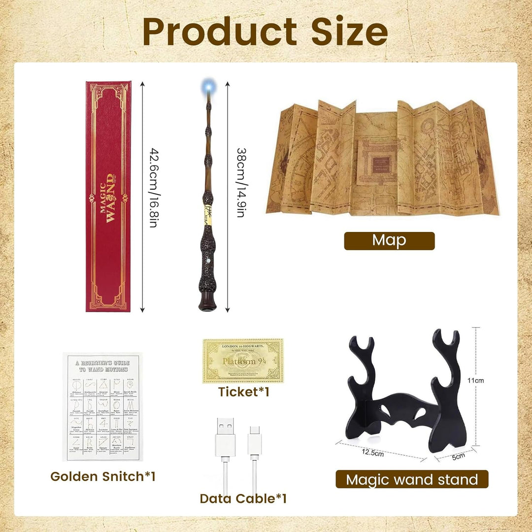 Dumbledore Zauberstab mit Licht, 38CM USB Aufladung Zauberstab Dumbledore mit Halter, Zauberspruch-K