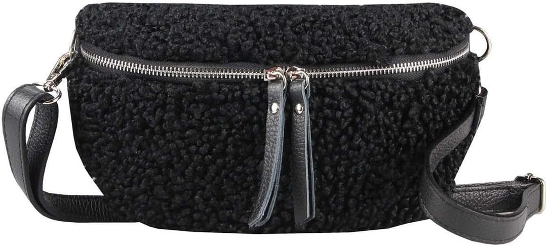 OBC Made in Italy Damen Teddyfell Tasche Plüsch Bauchtasche Hüfttasche Schultertasche Bodybag Umhäng