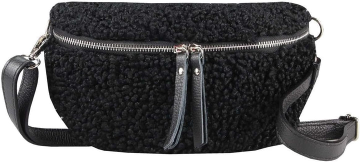 OBC Made in Italy Damen Teddyfell Tasche Plüsch Bauchtasche Hüfttasche Schultertasche Bodybag Umhäng