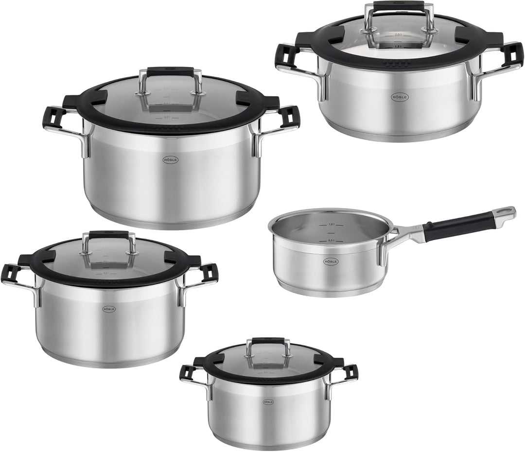 RÖSLE SILENCE PRO Topf-Set 5-tlg., Universaltopfset mit 3 Kochtöpfen, 1 Bratentopf und 1 Stielkasser