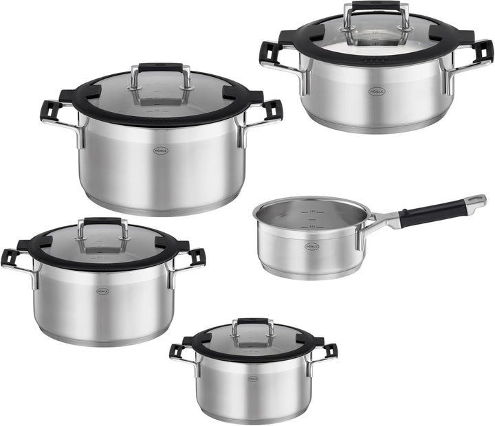 RÖSLE SILENCE PRO Topf-Set 5-tlg., Universaltopfset mit 3 Kochtöpfen, 1 Bratentopf und 1 Stielkasser