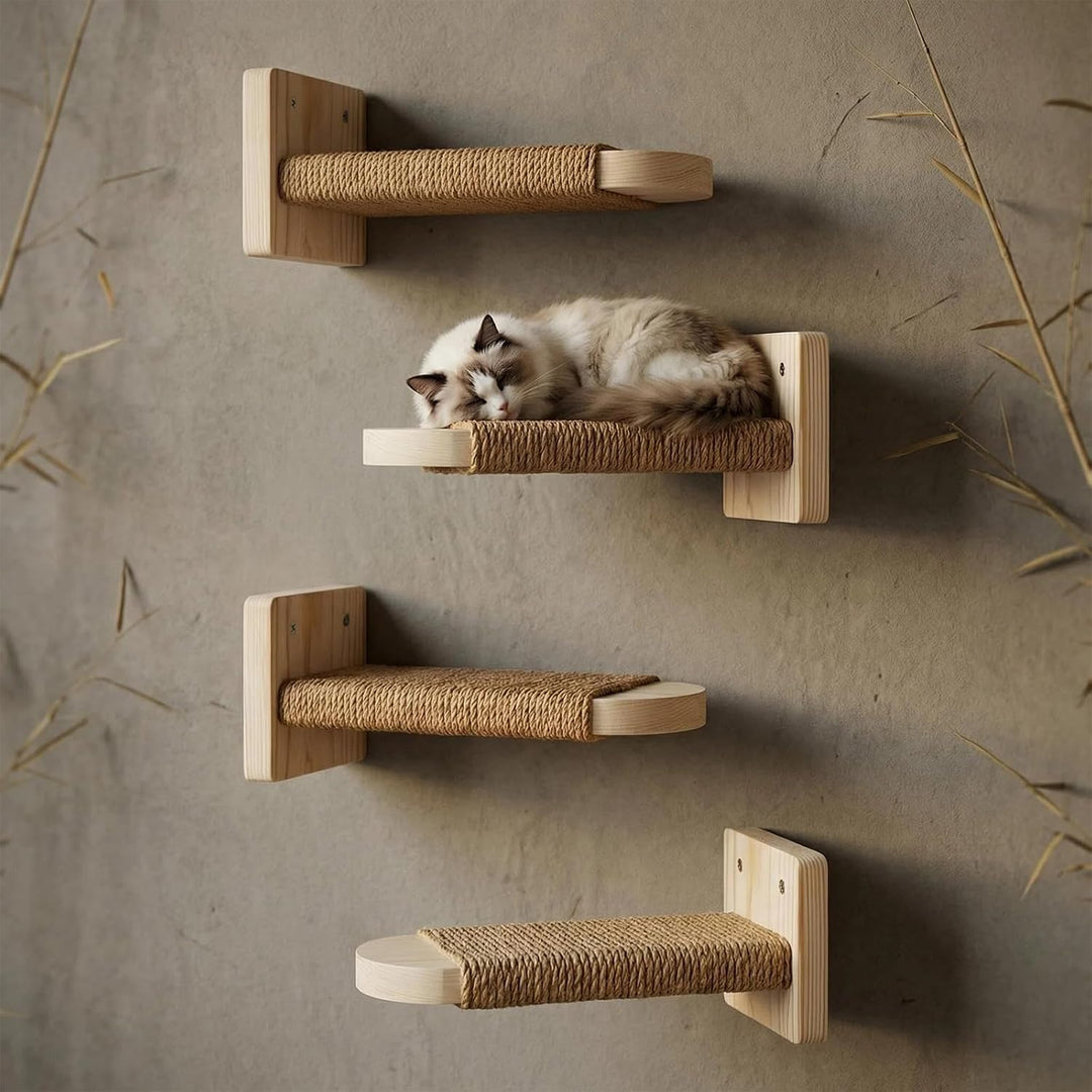 4 Stück Katzentreppe Wand: Holz Katzen Kletterwand aus Massives Gummiholz, Katzenleiter Set, Katzenw