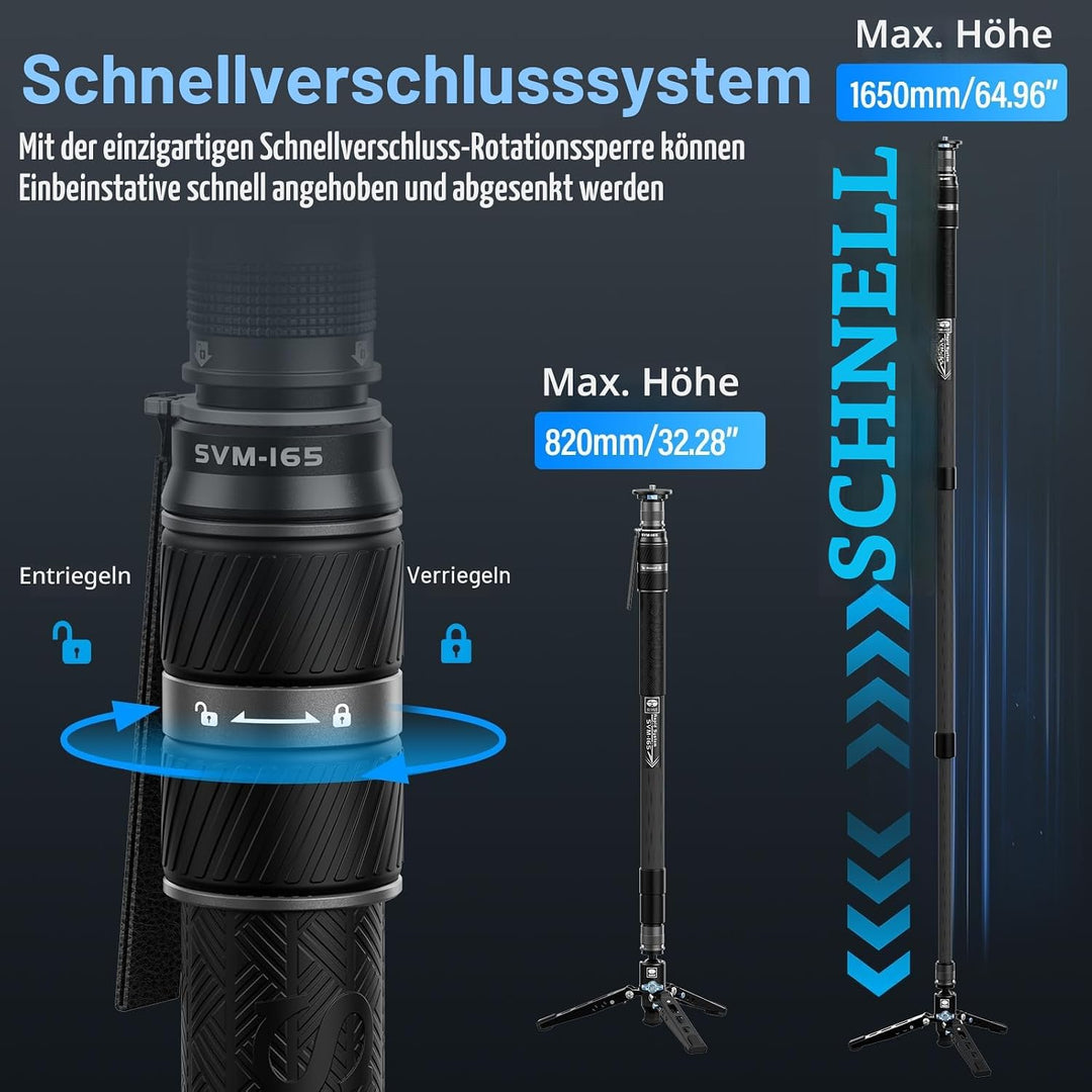 SIRUI SVM-165 Einbeinstativ Kohlefaser Kamera, 165cm Carbon monopod Rapid System Einstufige Höhenver