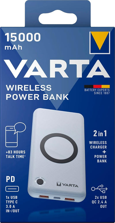 VARTA 2 in 1 Power Bank und Wireless Charger, kabelloses Ladegerät, Powerbank 15000mAh, LED Ladestan