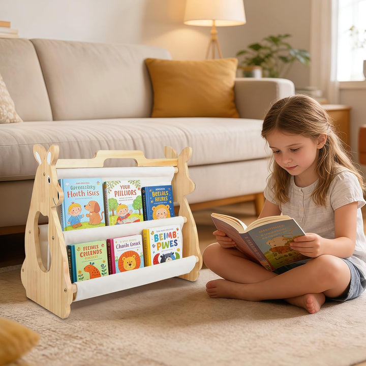 Bücherregal Kinder, Montessori Regal mit Doppelter Seite Holzregal Bücherkiste Tragbar mit Griff Off