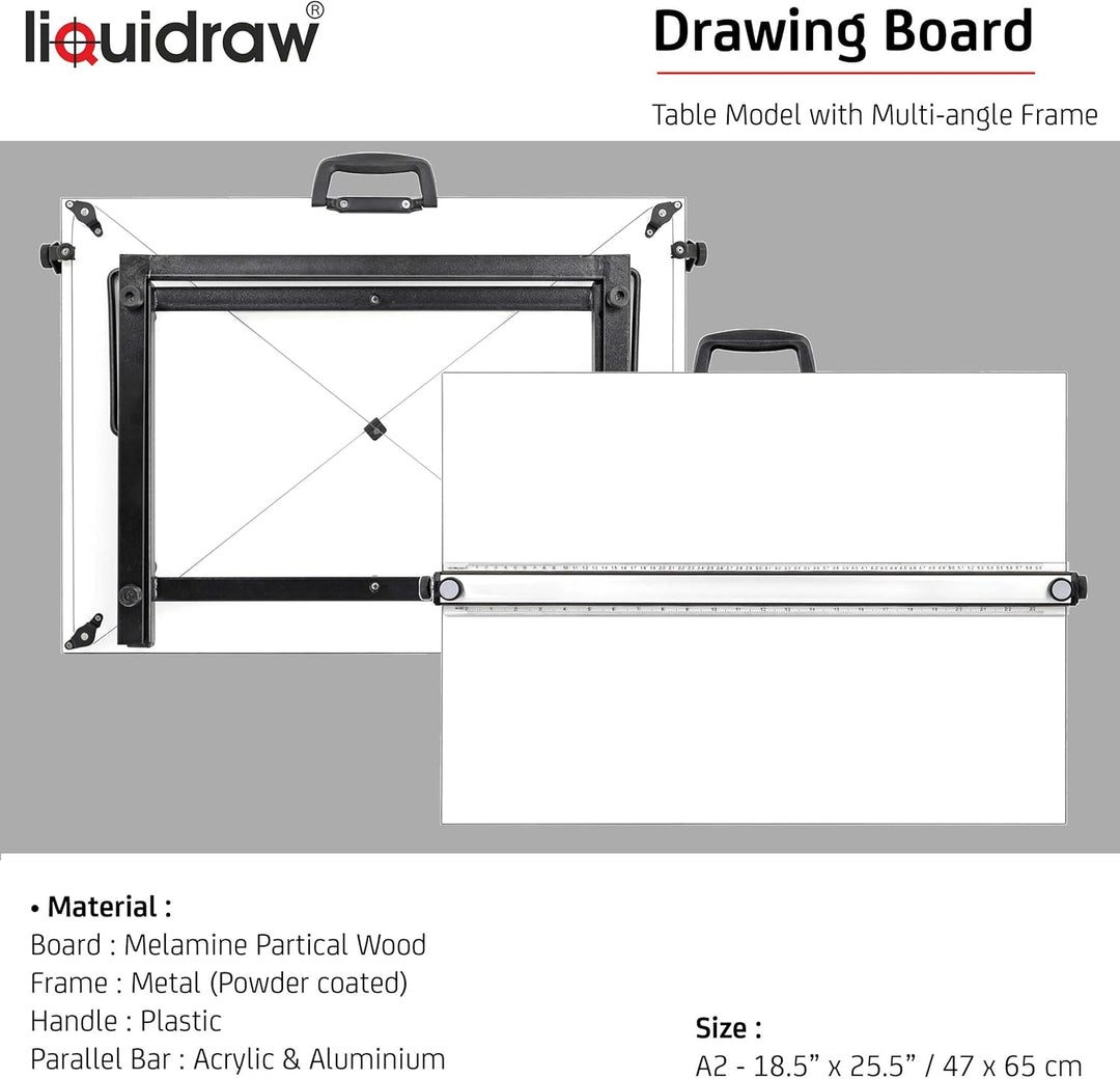 Liquidraw TTM02 Parallel Motion Zeichenbrett, A2, mit 5 verstellbaren Arbeitswinkeln, Clips und quad