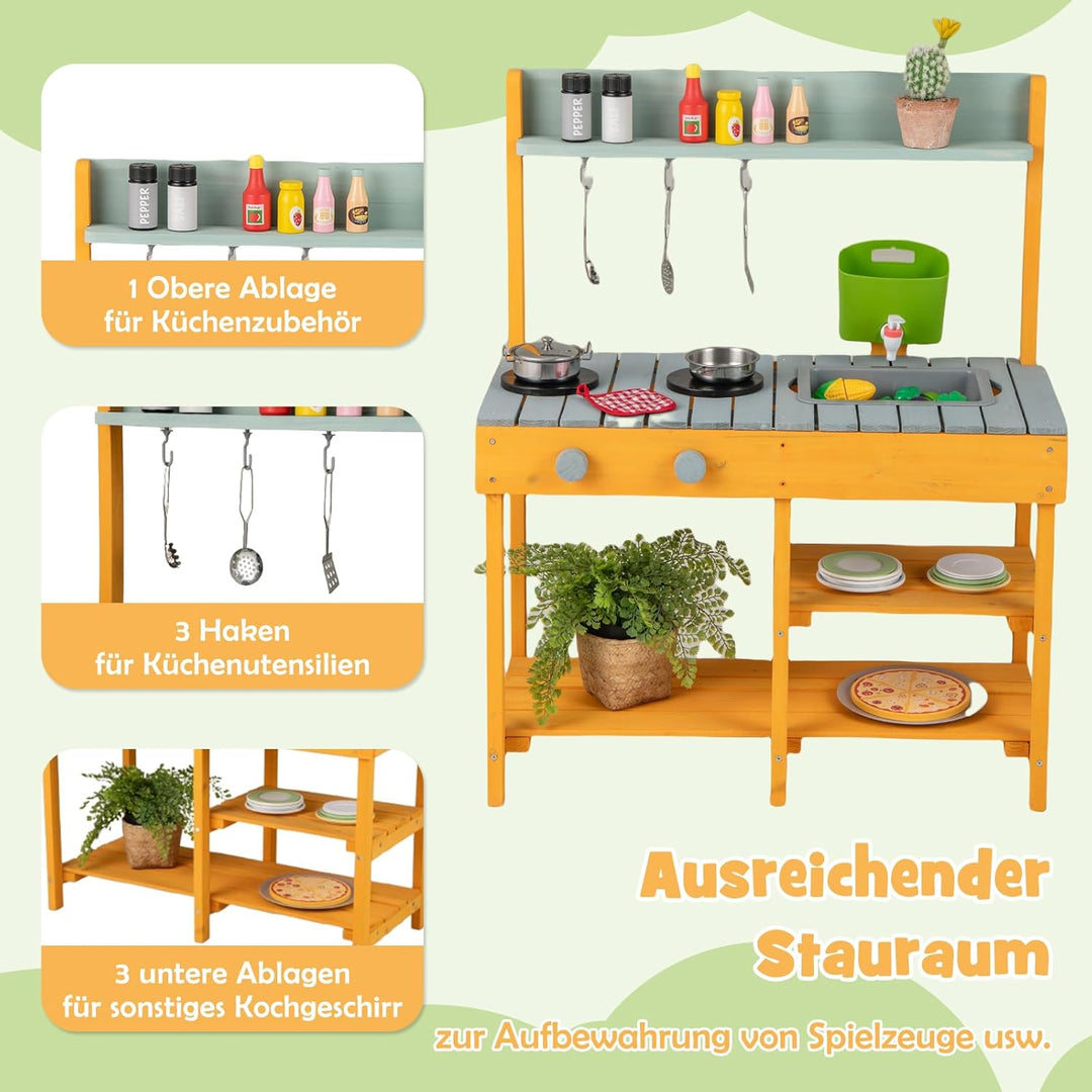 DREAMADE Matschküche Kinder Outdoor, Kinderküche mit Wassertank, Wasserhahn, Herd & abnehmbarem Rega