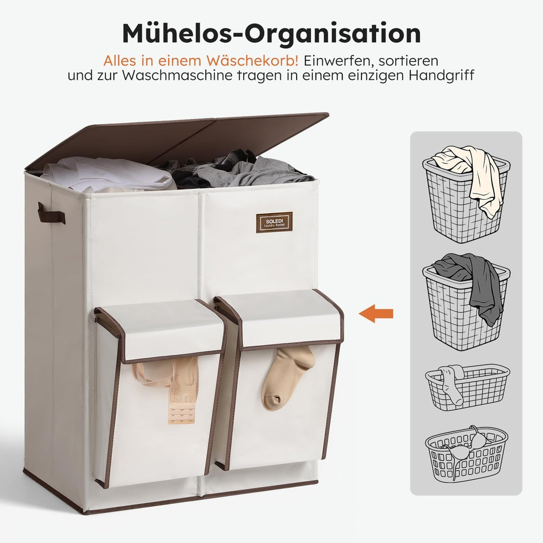 SOLEDI 180L Wäschekorb mit Deckel, Wäschesammler 2 Fächer mit 2 Seitentaschen, Laundr Baskets mit 2